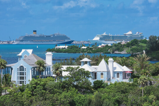 Modern mega family cruiseship cruise ship liner Firenze docked at Royal Navy Dockyard pier  near Hamilton, Bermuda on sunny day during Caribbean cruising