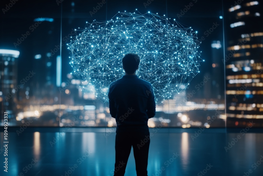 Poster a man stands before a digital neural network interface, illustrating the blend of human and machine 
