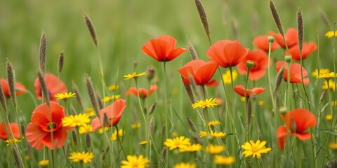 Obraz premium A vibrant mix of red poppies and yellow daisies sways gently in the breeze amidst the tall grass, meadow, landscape