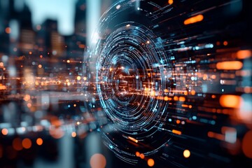 A circular glow symbolizes the flow of digital data, highlighted by bright orange and blue lights, illustrating speed, connectivity, and information technology.