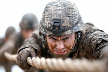 Obraz premium Muddy soldier pulls rope, intense focus.