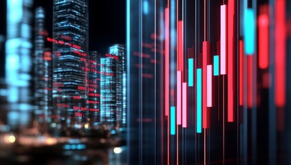 Stock market graph with red and blue lines, set against electric power grid or city at night