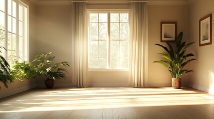 Sunlit indoor plant arrangement modern living room interior design warm atmosphere wide angle serenity