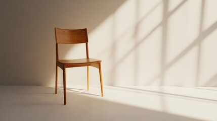 Minimalist Wooden Chair Casting Shadows in Sunlight, Highlighting Interior Design Aesthetics and Simple Elegance in a Calm Space