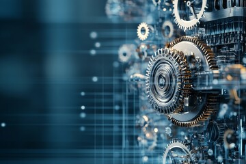 Close-up of mechanical gears intertwined with digital circuits, representing the convergence of traditional machinery and futuristic technology in a dynamic setting.