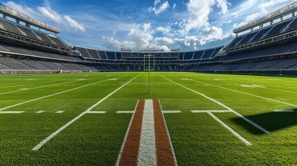 Fototapeta premium A panoramic view of a football field in a stadium under a bright sky.