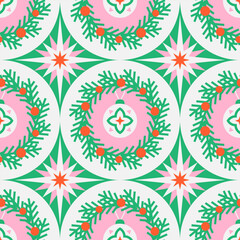 Christmas wreath modern geometric seamless pattern. Abstract background with winter holiday symbols and decorations. Vector design for wrapping paper, website, banner, poster, card, wallpaper.