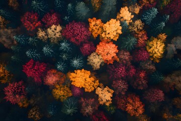 The trees are ablaze with hues of red, orange, yellow, and green, creating a breathtaking natural tapestry. The dark green evergreens add contrast to the vibrant fall colors.