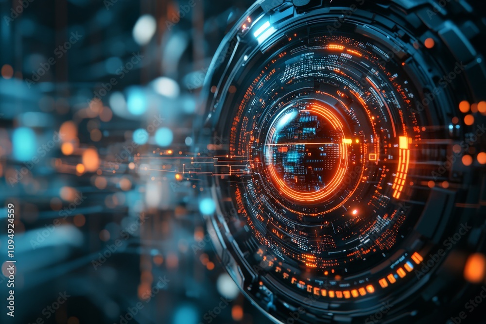 Poster a high-tech digital interface with a dynamic glowing core, representing the fusion of technology and