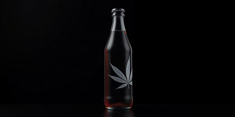 Black background with isolated cannabis cola in a dark glass bottle, drink, product, cannabis cola