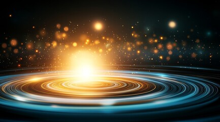 Abstract background with golden spiral, glowing dots, and light swirls in dark blue space