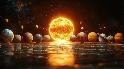 A vibrant depiction of the solar system with planets and a glowing sun.