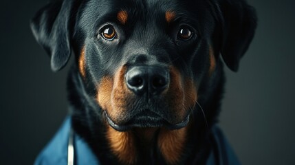 Obraz premium A Rottweiler with a glossy coat and attentive expression gazes into the camera. The soft lighting accentuates its features while it wears a blue collar, creating a striking portrait.