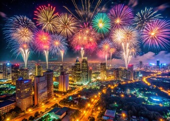 Celebrating New Year's Eve with a Breathtaking Aerial View of Colorful Fireworks Lighting Up the Night Sky Over a City Skyline in a Festive Atmosphere of Joy and Celebration