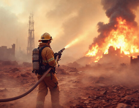 bombero apagando fuego en mundo apocaliptico