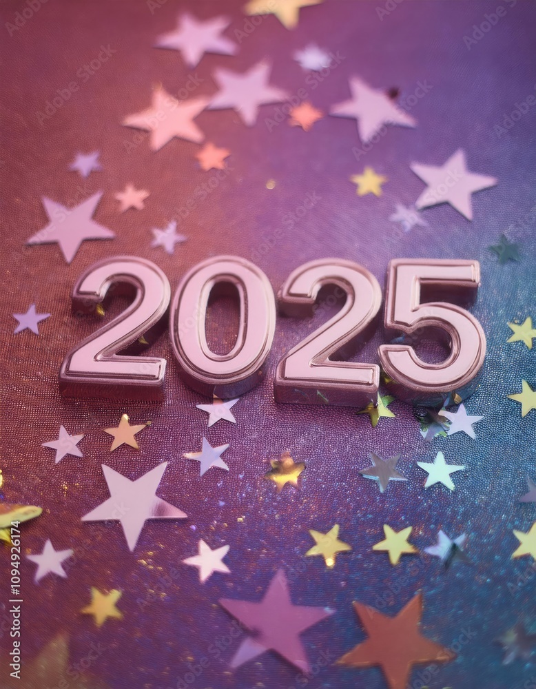 Wall mural text 2025 written in shiny numbers on colorful background with stars and sparkles