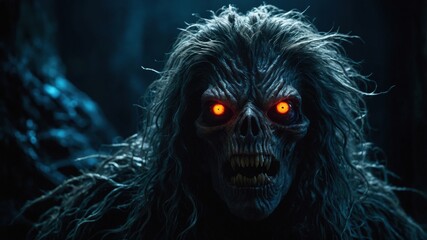 Fototapeta premium Close-up of a horrifying creature with skeletal features, glowing orange eyes, and wild hair, set in a dark, eerie forest. 