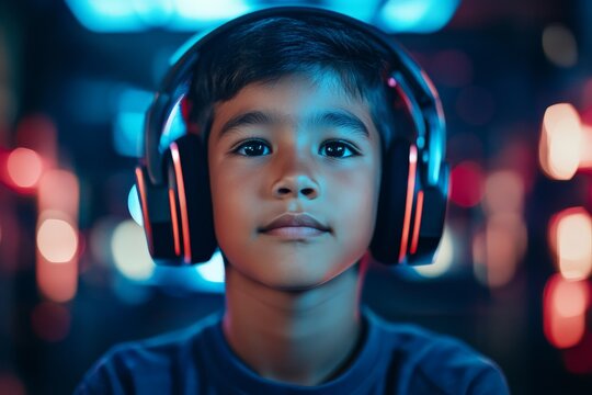 A young boy intensely focused wearing modern headphones, surrounded by vibrant neon lights symbolizing a futuristic gaming environment and concentration.