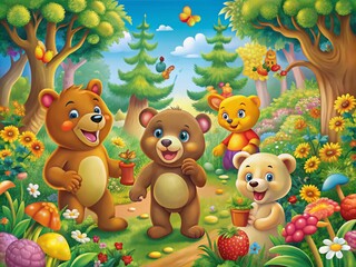 Naklejka premium Charming Cartoon Bears in a Vibrant Forest Setting: Playful and Whimsical Imagery for Children's Books and Educational Materials