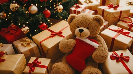 A cozy holiday scene featuring a teddy bear holding a stocking, surrounded by beautifully wrapped presents and a decorated Christmas tree.