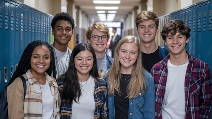 Fototapeta premium A diverse group of high school students standing in front of lockers. Multicultural, diverse children, open education, international school. 
