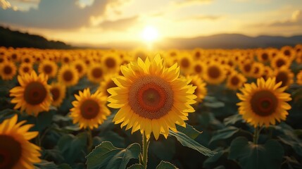 Fototapeta premium A vibrant field of sunflowers basking in the golden light of a sunset.