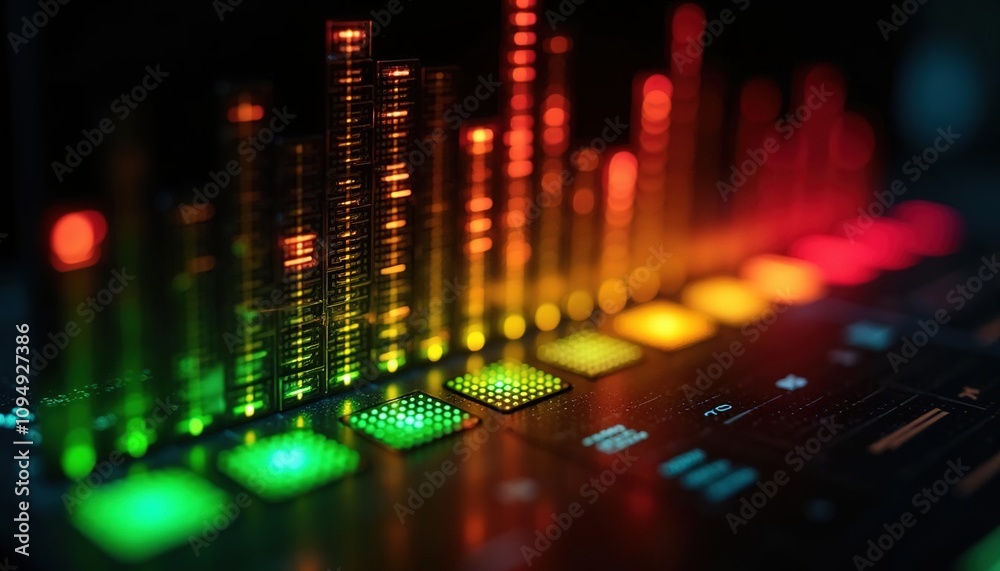 Poster colorful led audio bars glowing in red, green, and yellow on a futuristic grid surface, symbolizing 