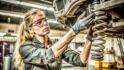 Female Mechanic Working on a Car's Suspension System