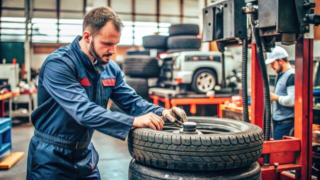 A Mechanic Working on a Tire in a Garage - Powered by Adobe