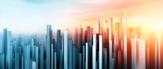 Obraz premium 3D rendering of steel pillars forming city skyline with sunset sky