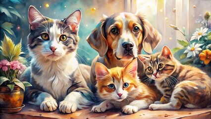 Charming Watercolor Illustration of Adorable Cats and Dogs in a Cozy Home Setting, Perfect for Pet Lovers and Art Enthusiasts Looking for Cute Animal Decor