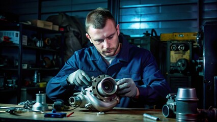 Mechanic Examining a Car Turbocharger in a Workshop