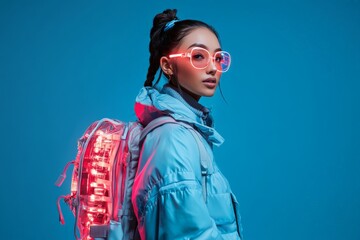 A stylish young woman wearing neon glasses and a light-up backpack stands against a striking blue background, embodying futuristic and urban fashion vibes.