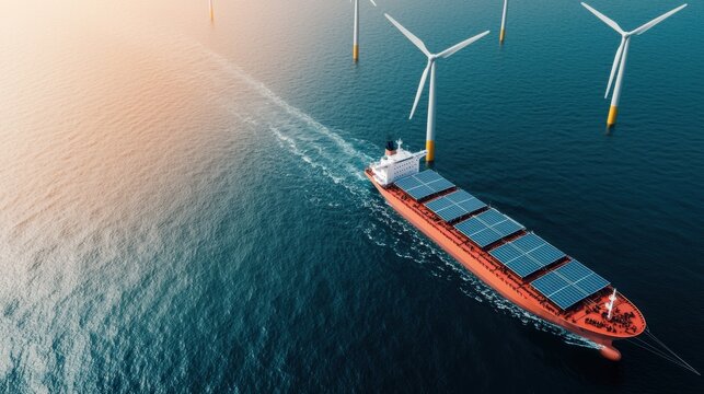 A cargo ship with solar panels sails through water, surrounded by wind turbines, highlighting renewable energy and maritime transport.