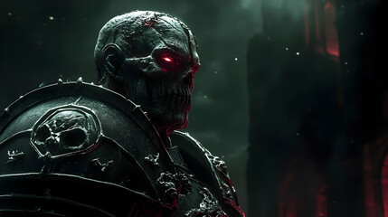 Fototapeta premium The Undying Warrior: A Dark Fantasy Character With Glowing Red Eyes and Armor, Ready for Battle