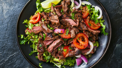 A plate of doner kebab, showing the sliced beef meat on top.