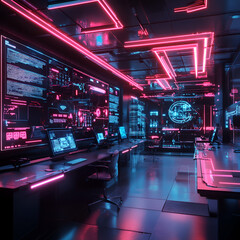 High-tech control room in a futuristic city digital workspace cyber environment modern design immersive technology experience