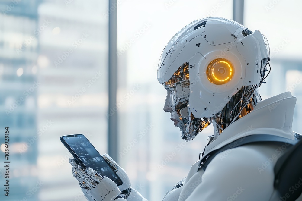 Poster a sophisticated humanoid robot interacts with a touchscreen display, symbolizing advanced robotics a