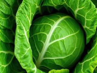 Fototapeta premium Close-up of fresh green cabbage leaves with intricate veins and textures, close-up photography, ingredients
