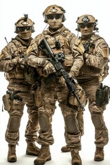 Fototapeta premium Three soldiers, camouflage uniforms, rifles, tactical gear.