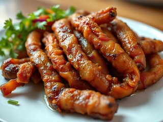 Close-up of crispy fried pork intestine on a plate with garnish, Crispy friedCrispy fried pork intestine on a plate with sCrispy fried pork intestine on a plate with soy sauce, close-up, plate