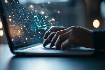 Fingers typing on a laptop as a digital network is overlaid, symbolizing connectivity, communication, and progress in a technologically advanced workspace.