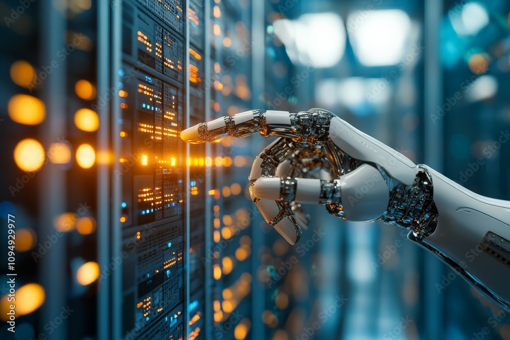 Poster a robotic hand interacts with a glowing data center interface, portraying advanced technology and ar