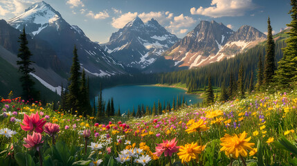 Mountain Lake with Vibrant Wildflowers and Majestic Peaks in the Canadian Rockies