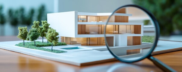 Magnifying glass over architectural model of modern house showcasing design details