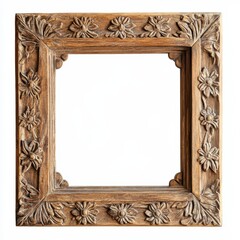 A decorative wooden picture frame with floral carvings, designed to hold artwork or photos.