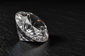 Close-up shot of a single raw diamond on a sleek black surface highlighting its sharp edges and inner light reflection, interior, treasure, rock, sparkle, dark