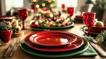 Naklejka premium Red and green-themed New Year's Eve table setting with festive food and timeless charm for a cozy holiday celebration.. Christmas, New Year's Eve
