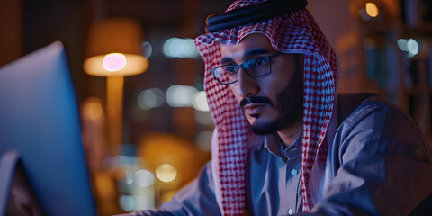 Focused Man in Traditional Clothing Uses Computer at Night, Working late on a Project.