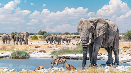 Fototapeta premium Panoramic african animals scenery. Huge African